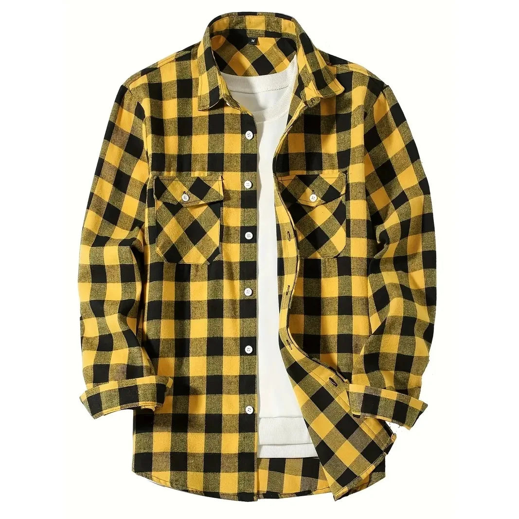 Men's Plaid Flannel Shirt – Long Sleeve Smart Casual Top with Two Chest Pockets, Spring & Autumn Style