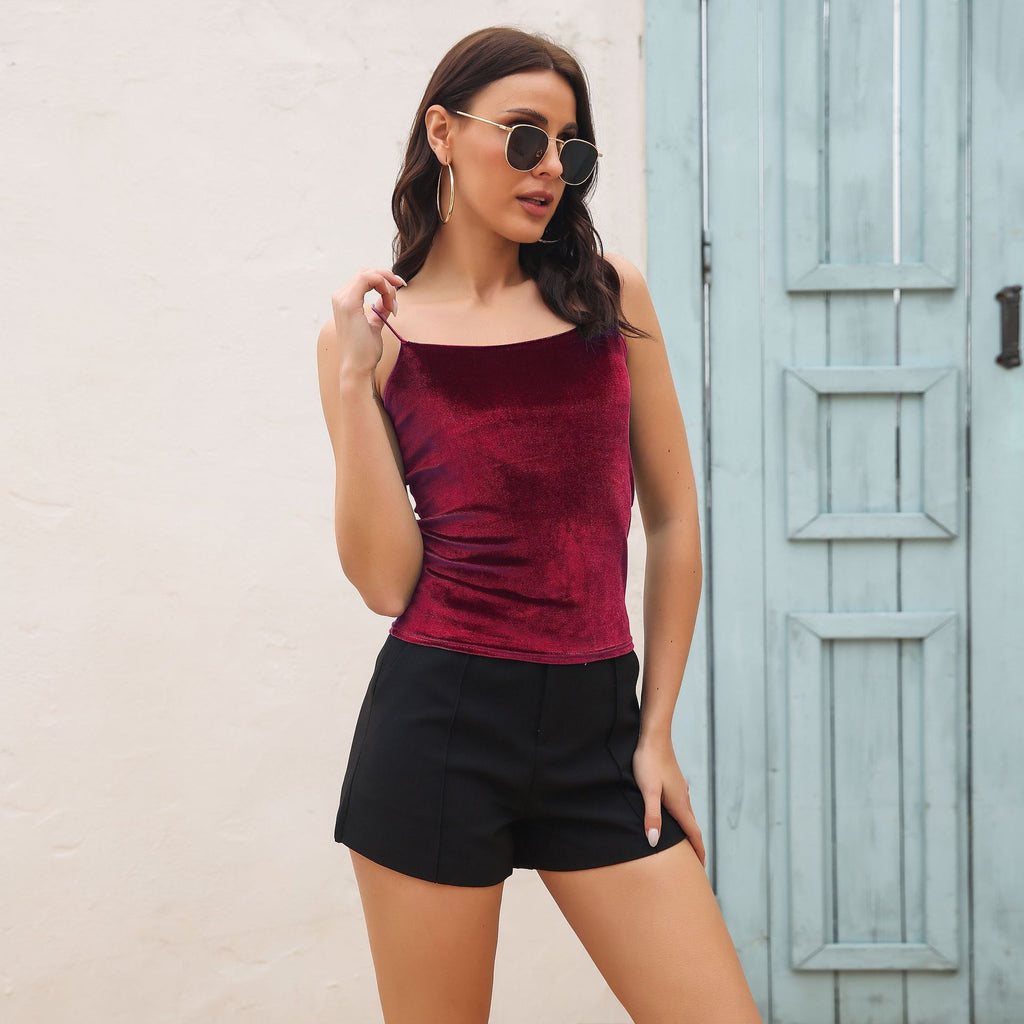 Sexy Velvet Halter Crop Top – Trendy Backless Camisole for Women - trendingshoping.com