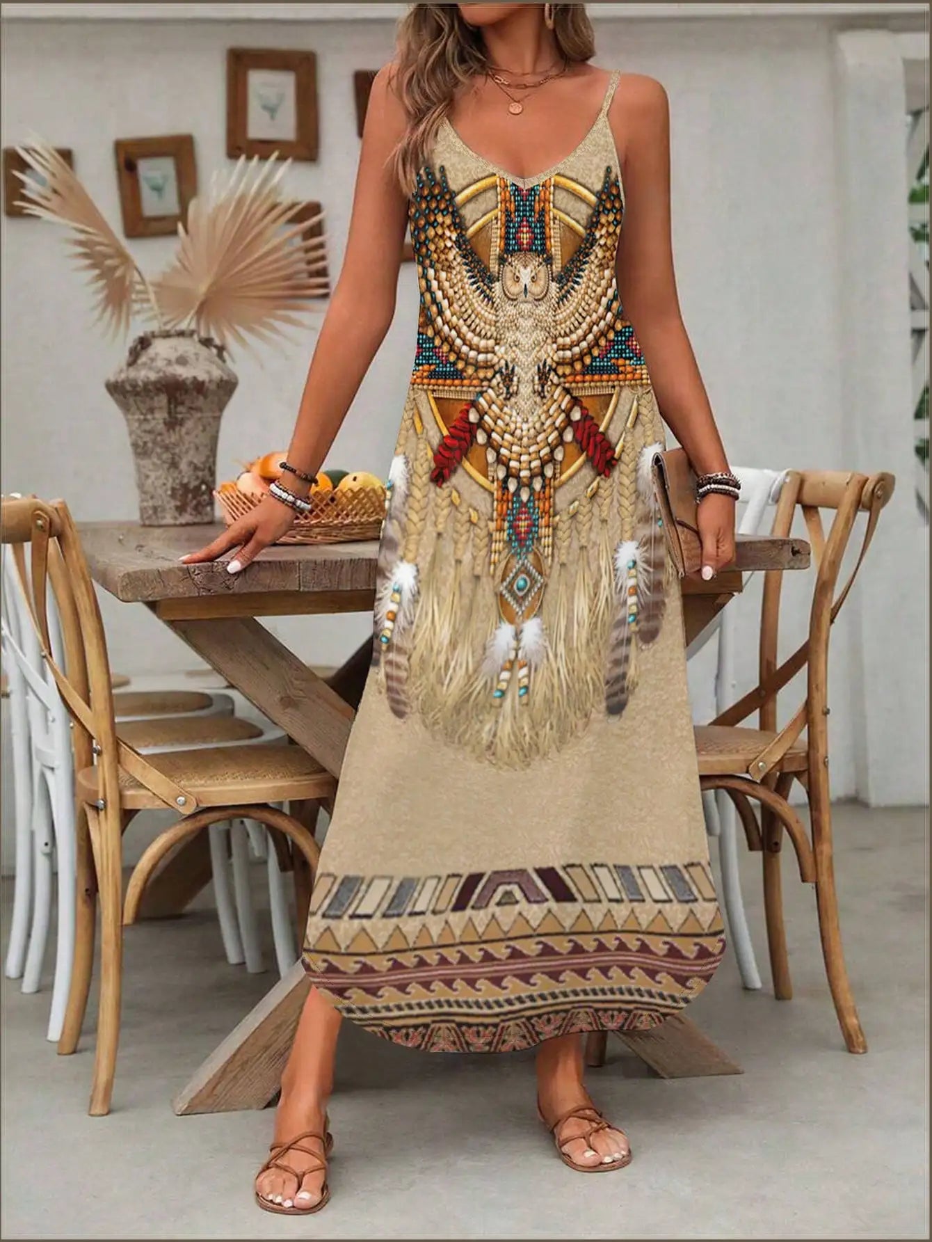 Women's Fashion Western Ethnic Print Casual Suspender Dress