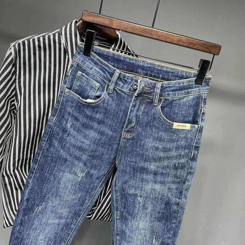 Jeans Men's Spring and Summer New High-end Trend Blue Slim-fitting Pants Brand Korean Streetwear High Street Retro Long Pants - trendingshoping.com