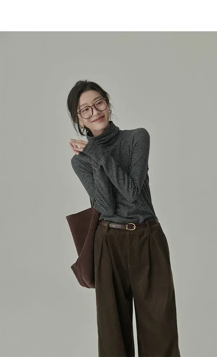 Striped T-shirts Women Spring Cozy Long Sleeved All-match Daily Elegant Classic Turtleneck Tops Hot Sales Korean Style Clothing