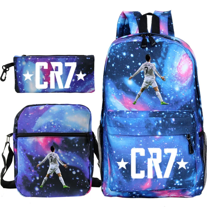 cr7 3-Piece Sport Athletic Backpack Set - Lightweight School Bag with Laptop Sleeve & Matching Pouches - Teens Travel Mochila