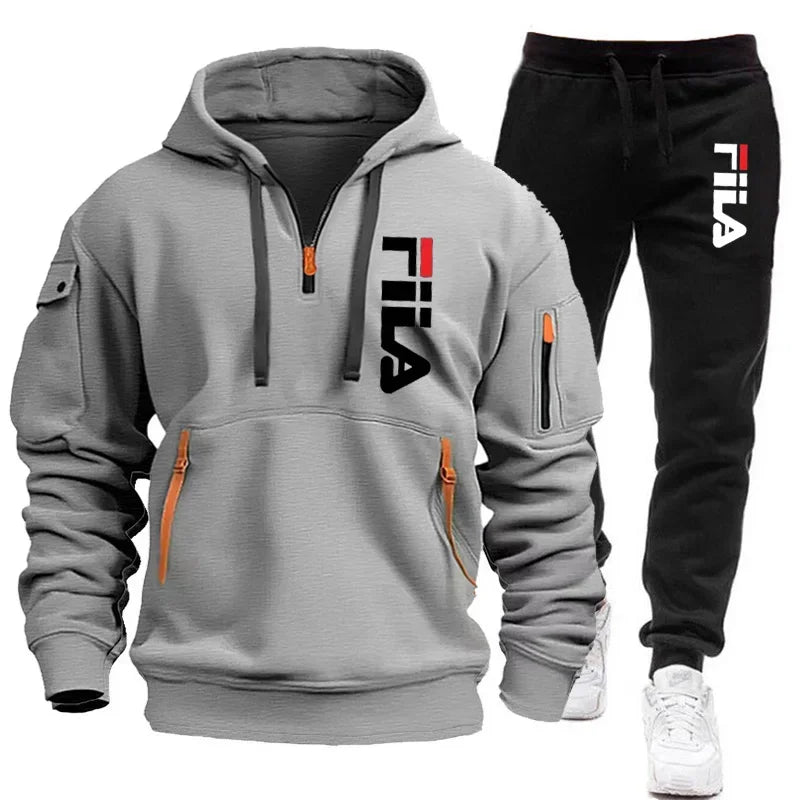 FILA 2026 Men's Autumn Winter Hoodie & Pants Set – Two-Piece Pullover Sportswear, Outdoor Multi-Pocket Sweatshirt