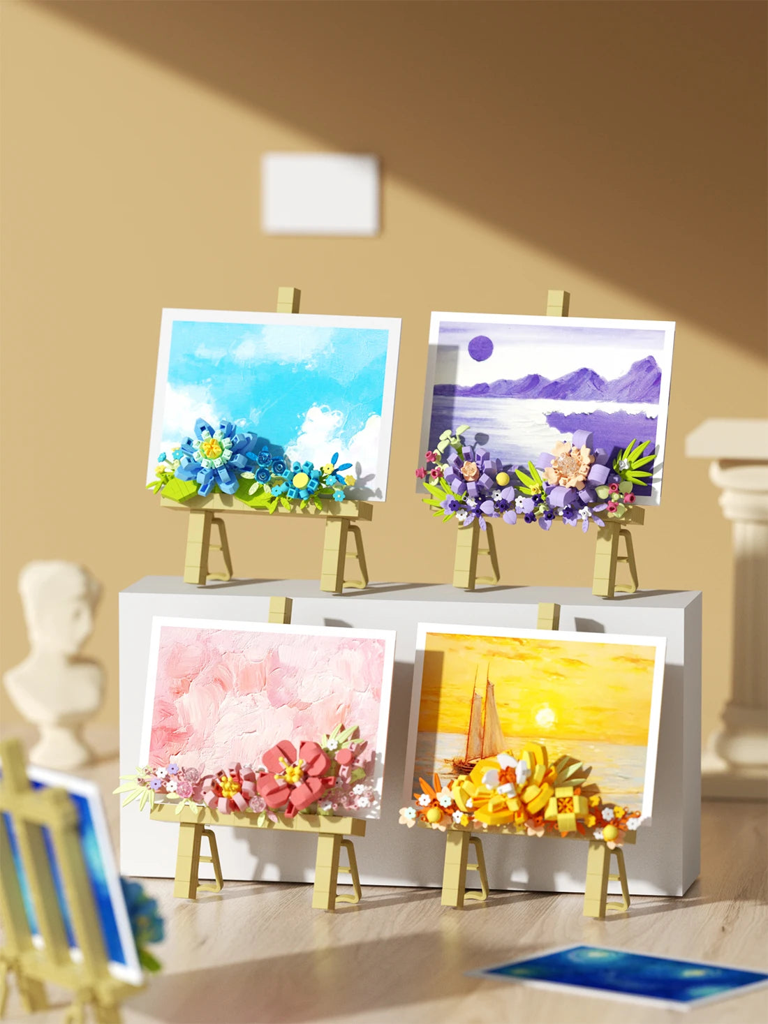 Mini Flower Painting Shelf Building Block Sets With Wooden Easel Educational Toys DIY Home Decor Mother's Day Gifts