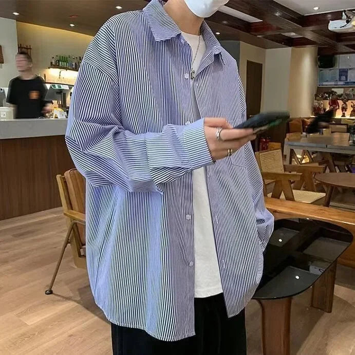 Men's Long Sleeve Oxford Cloth Shirt - Casual Striped Workwear Jacket Style