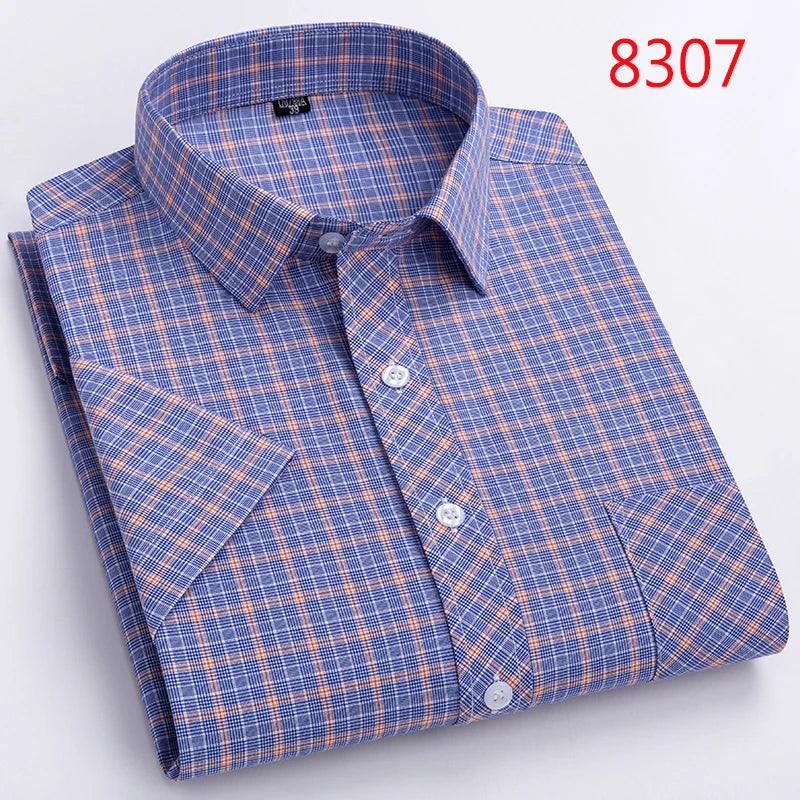 Men's Casual Cotton Plaid Shirt – Short Sleeve Summer Shirt, Elegant Business & Smart Dress Shirt, England Fashion Top