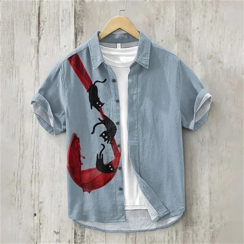 Men's shirt, small fish eating big fish, fashionable and casual, slim fit, Hawaiian men