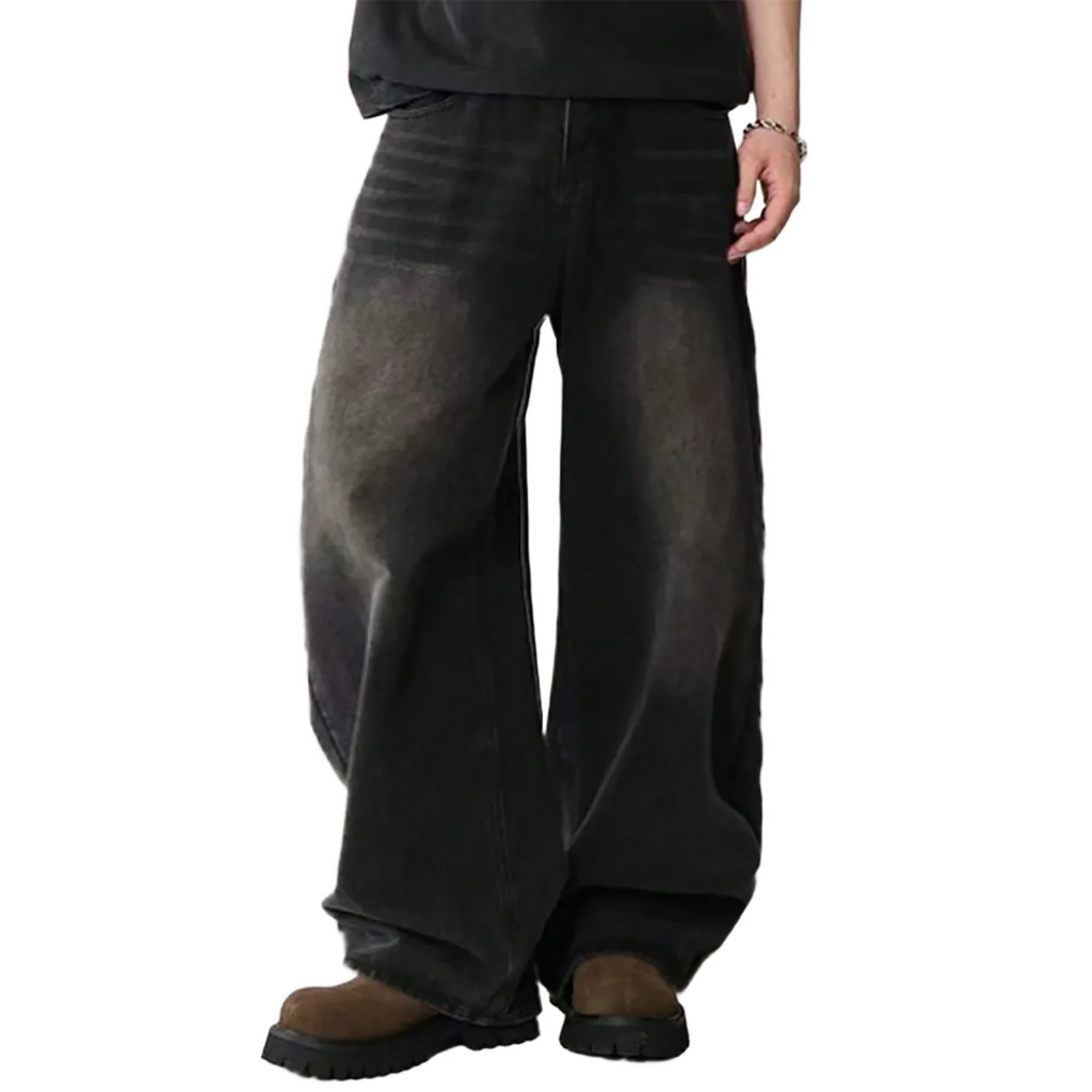 Mens Straight Loose Wide Leg Baggy Jeans Black Gray Blue Casual Pants