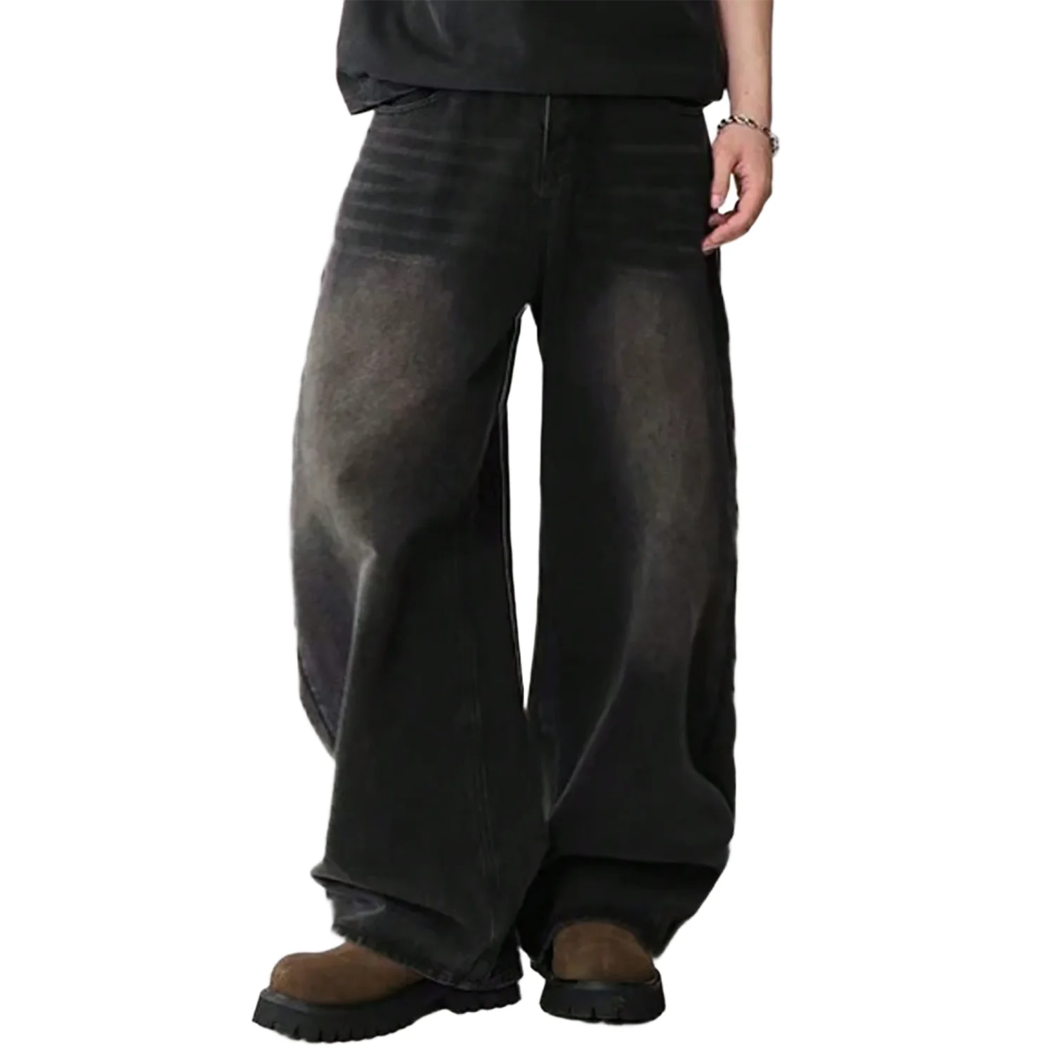 Mens Straight Loose Wide Leg Baggy Jeans Black Gray Blue Casual Pants