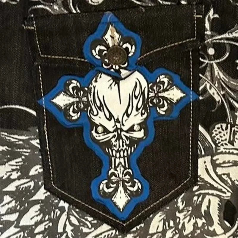 Mens Embroidered Hip Hop Wide Leg Y2K Mid Waist Gothic Retro Fashion Trousers