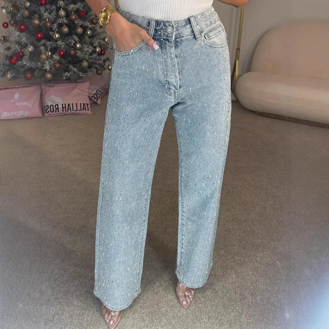 Jeans for Women Straight Diamonds Pants Stretch High Waist Washed Mom Jeans Vintage Denims Streetwear Y2k Streetwear Trousers - trendingshoping.com