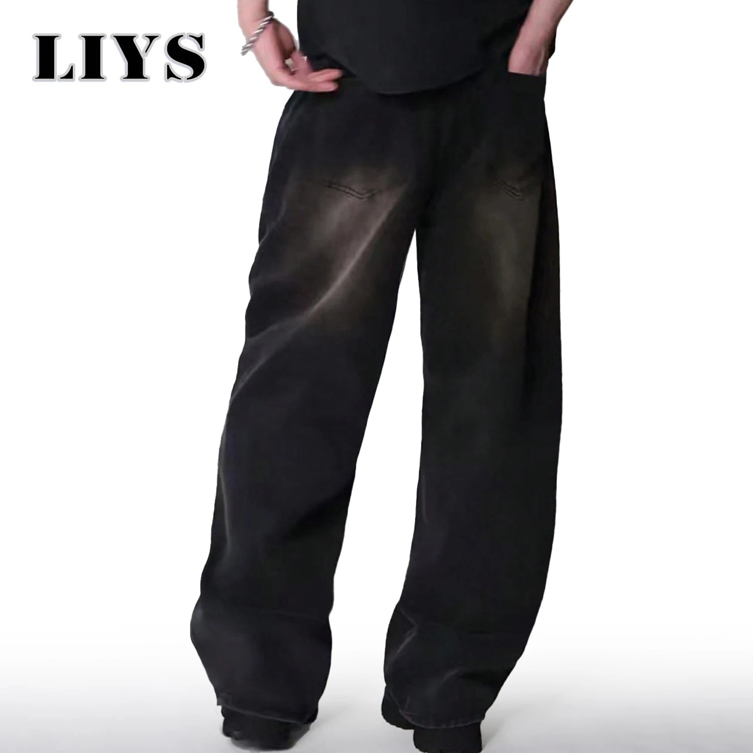 Mens Straight Loose Wide Leg Baggy Jeans Black Gray Blue Casual Pants