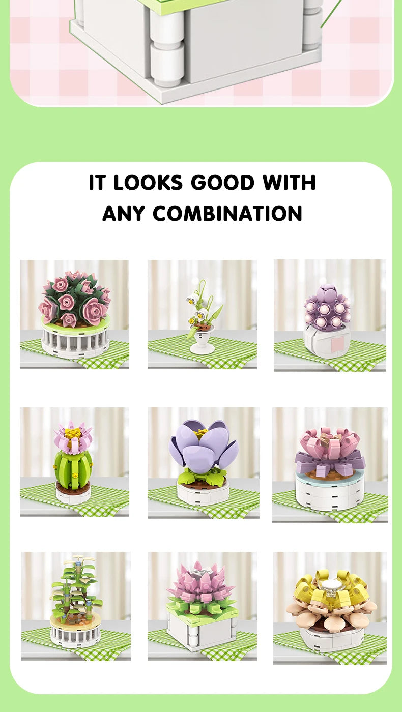 Bouquet Moc Block Flower Succulents Bonsai Potted Building Blocks Romantic Kit Assembly Bricks Toys For Kids Girl Christmas Gift - trendingshoping.com