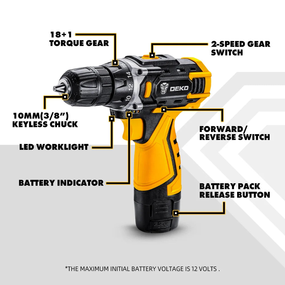DEKO Cordless Drill 2 Speed Electric Screwdriver with Lithium Battery