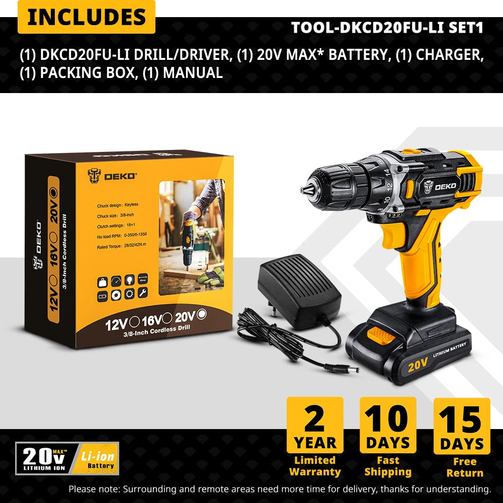 DEKO Cordless Drill 2 Speed Electric Screwdriver with Lithium Battery
