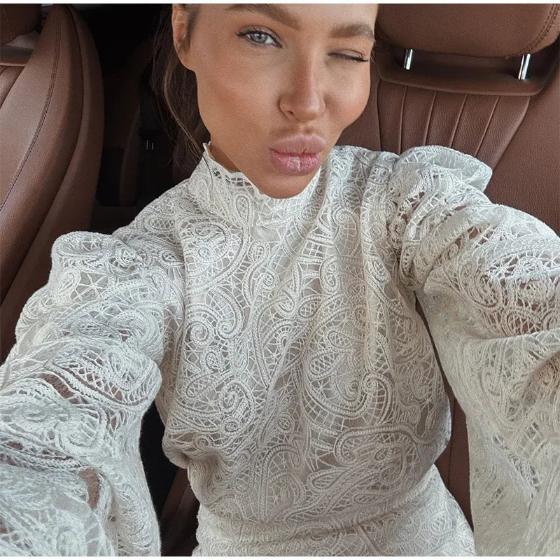 Women’s White Lace Flare Sleeve Top & Mini Skirt Set