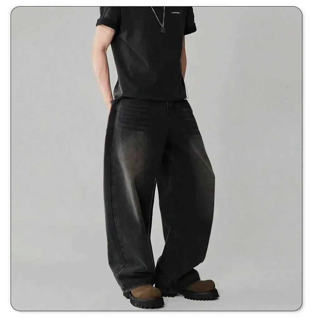 Mens Straight Loose Wide Leg Baggy Jeans Black Gray Blue Casual Pants