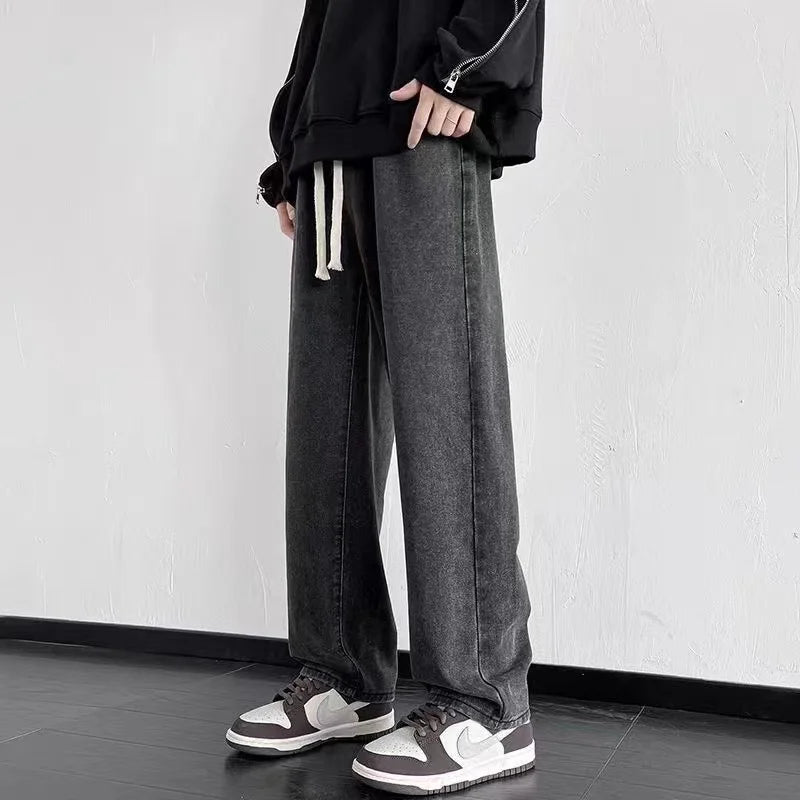 Mens Straight Loose Wide Leg Baggy Jeans Black Grey Blue Casual Pants