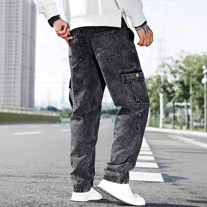 Mens Loose Straight Leg Jeans Large Pocket Casual Work Pants