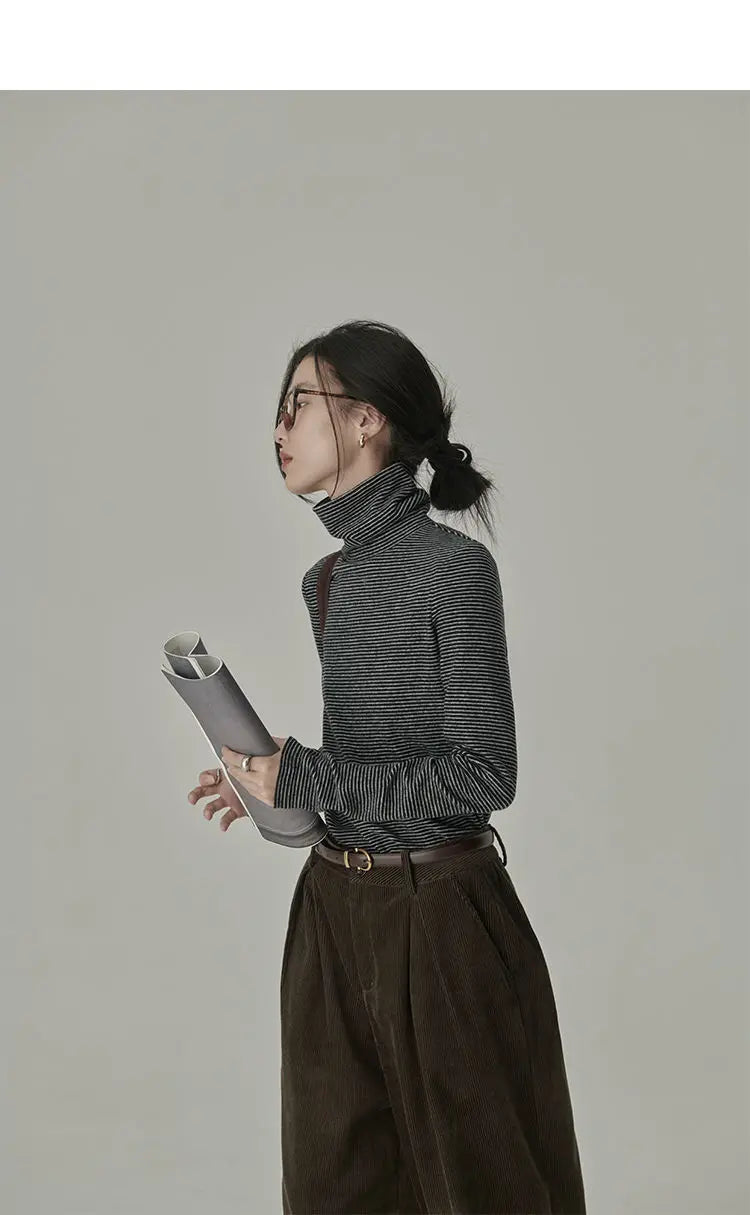 Striped T-shirts Women Spring Cozy Long Sleeved All-match Daily Elegant Classic Turtleneck Tops Hot Sales Korean Style Clothing