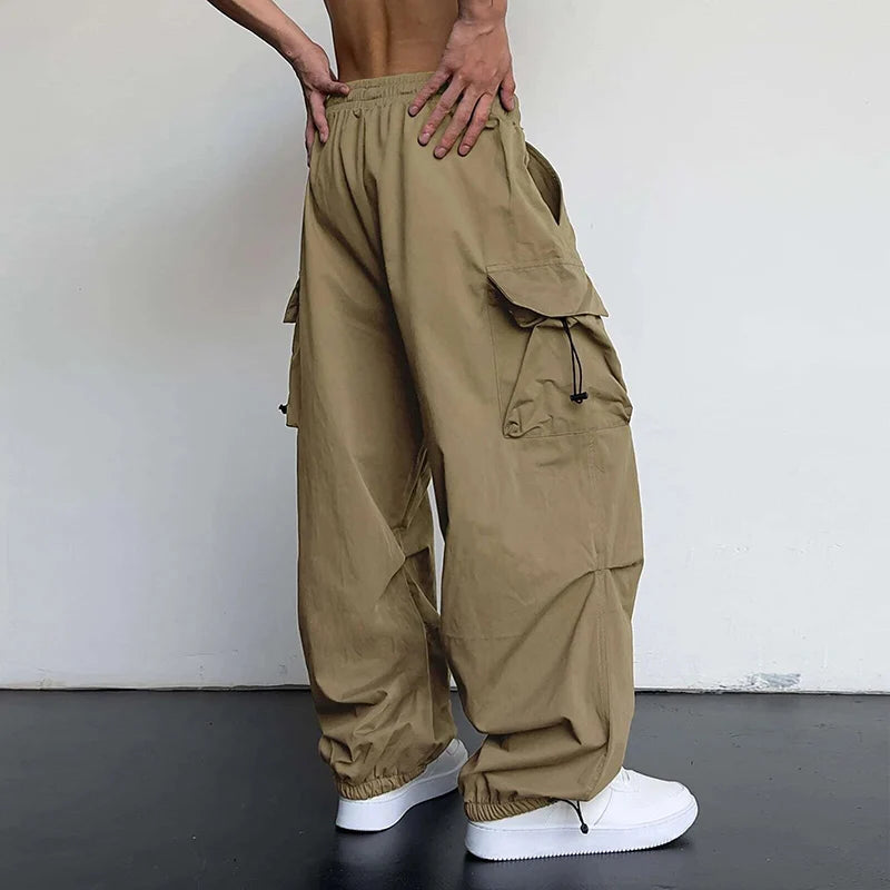 Men’s Streetwear Cargo Pants - Wide-Leg Loose Fit Trousers with Drawstring