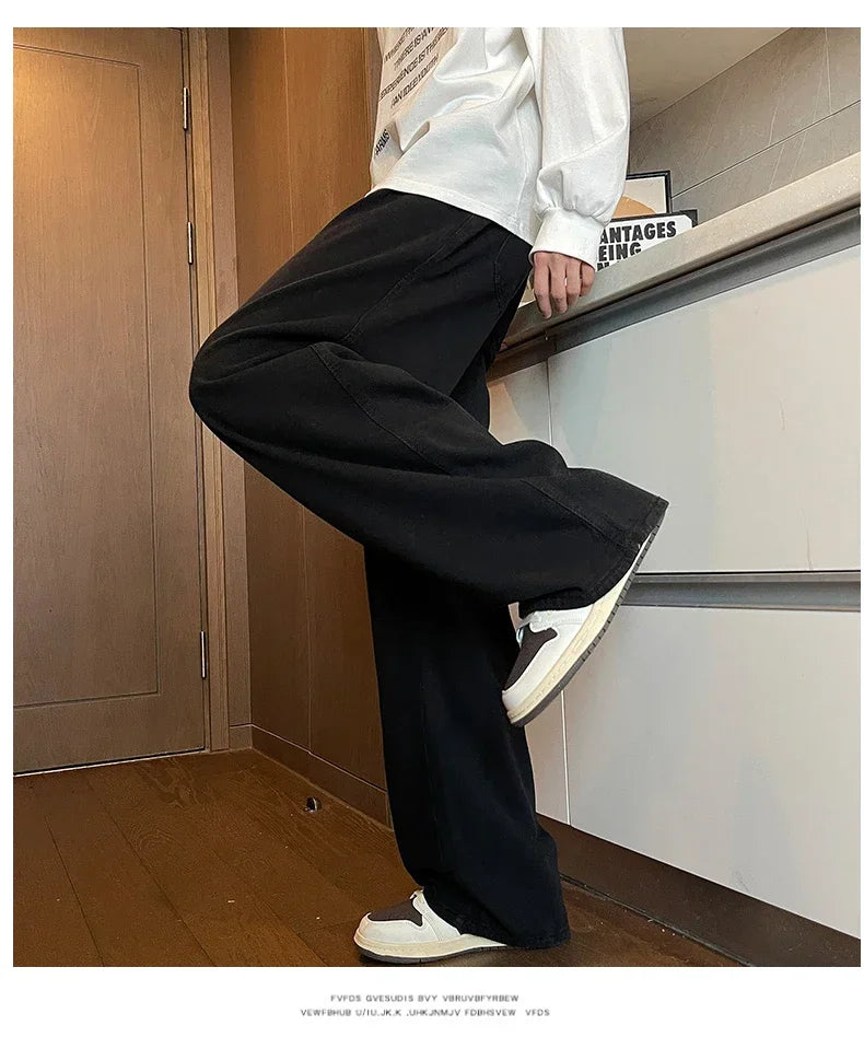 Mens Black Gray Loose Straight Wide Leg Jeans Casual Pantslue