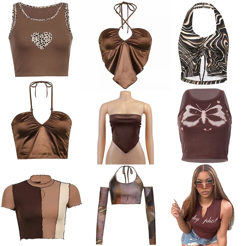 Brown 2021 Vintage Clothes Y2k Corset Crop Top Women Gothic Sexy Cyber Baby Tee Aesthetic Grunge 90s Ropa Fairycore Summer New