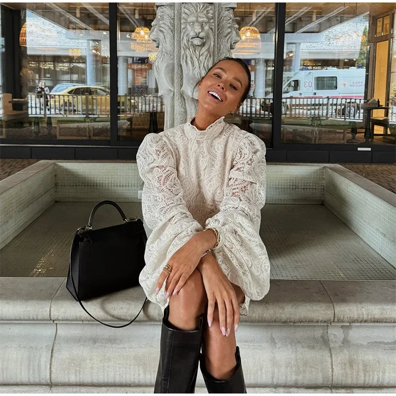 Women’s White Lace Flare Sleeve Top & Mini Skirt Set