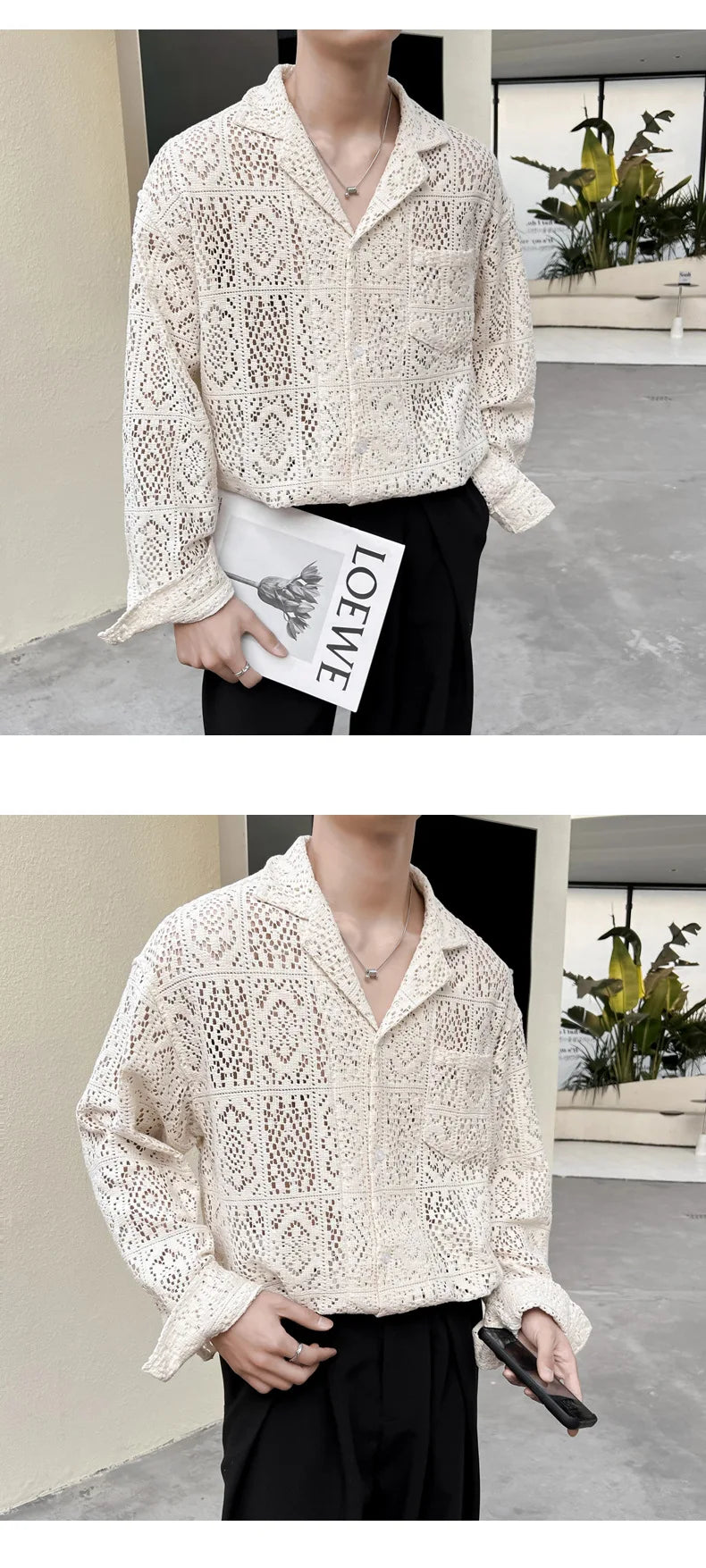 Fashion Hollow Out Shirts for Men Transparent Mesh Lace Long Sleeve Shirts Retro Elegant Breathable Tops Male Streetwear Popular