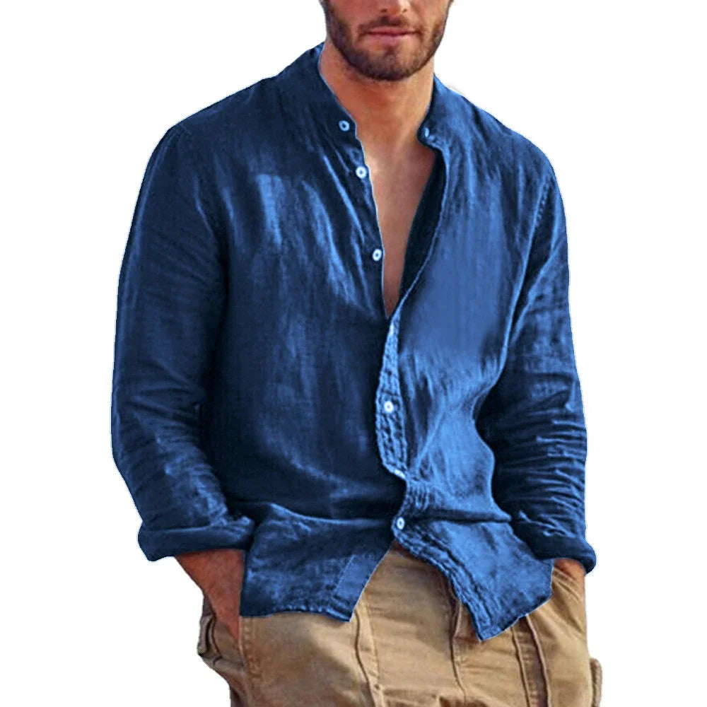Men’s Linen Long Sleeve Shirt Solid Color Stand Collar Casual Lightweight Breathable Top