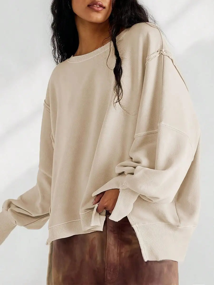 Women Spring Autumn Long Sleeve Loose Tops Crew Neck Striped Side Slits Shirt Casual Pullover Sweatshirt Tops