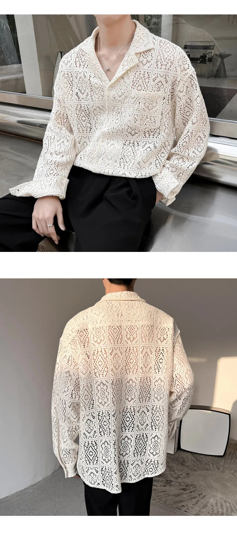Fashion Hollow Out Shirts for Men Transparent Mesh Lace Long Sleeve Shirts Retro Elegant Breathable Tops Male Streetwear Popular