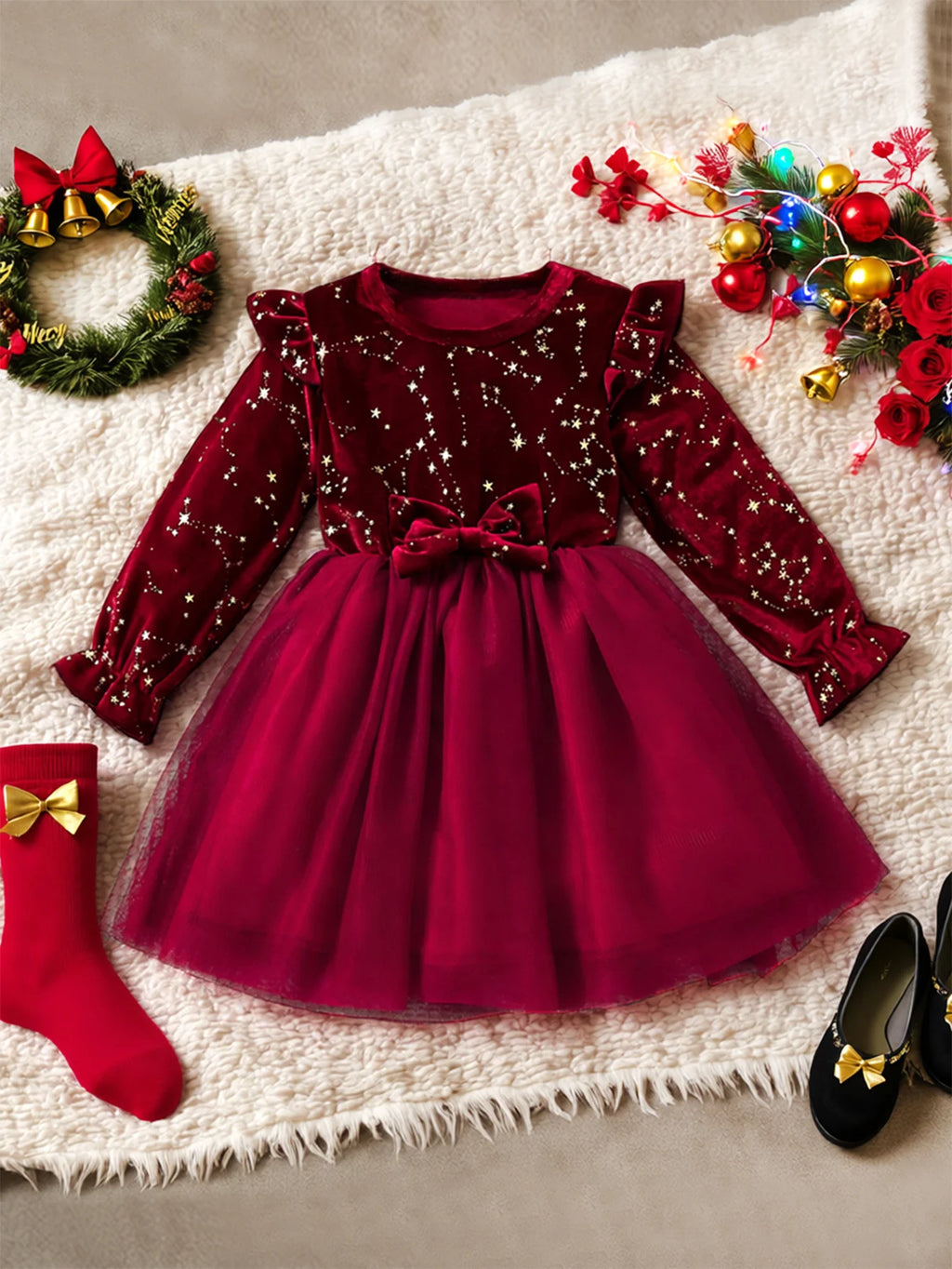 Girls Autumn Winter Velvet Long Sleeve Princess Dress With Mesh Bow Party Festive Wear