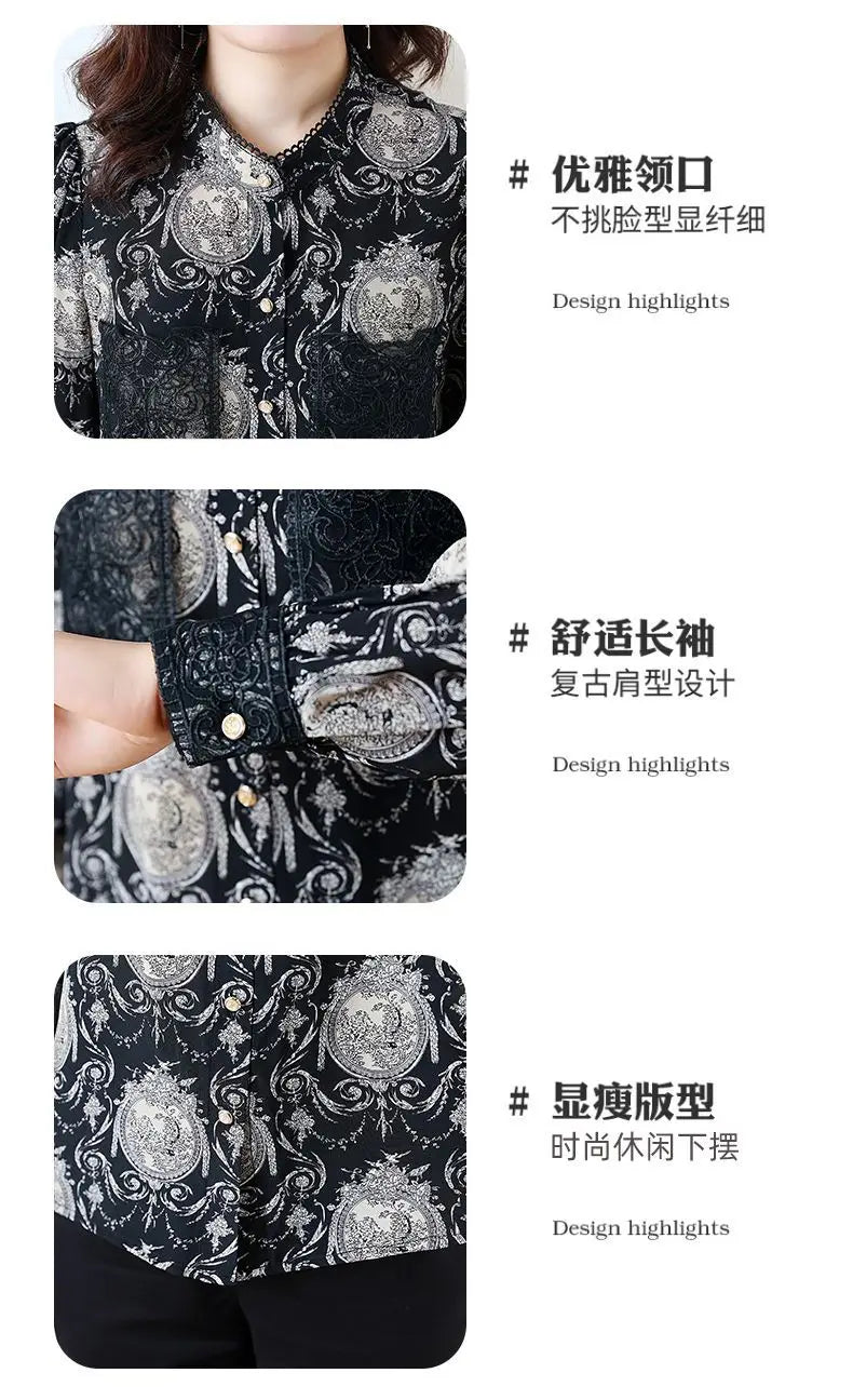 Women's Printed Satin Shirt - Slim Fit Long Sleeve Blouse for Spring & Autumn, Office Wear