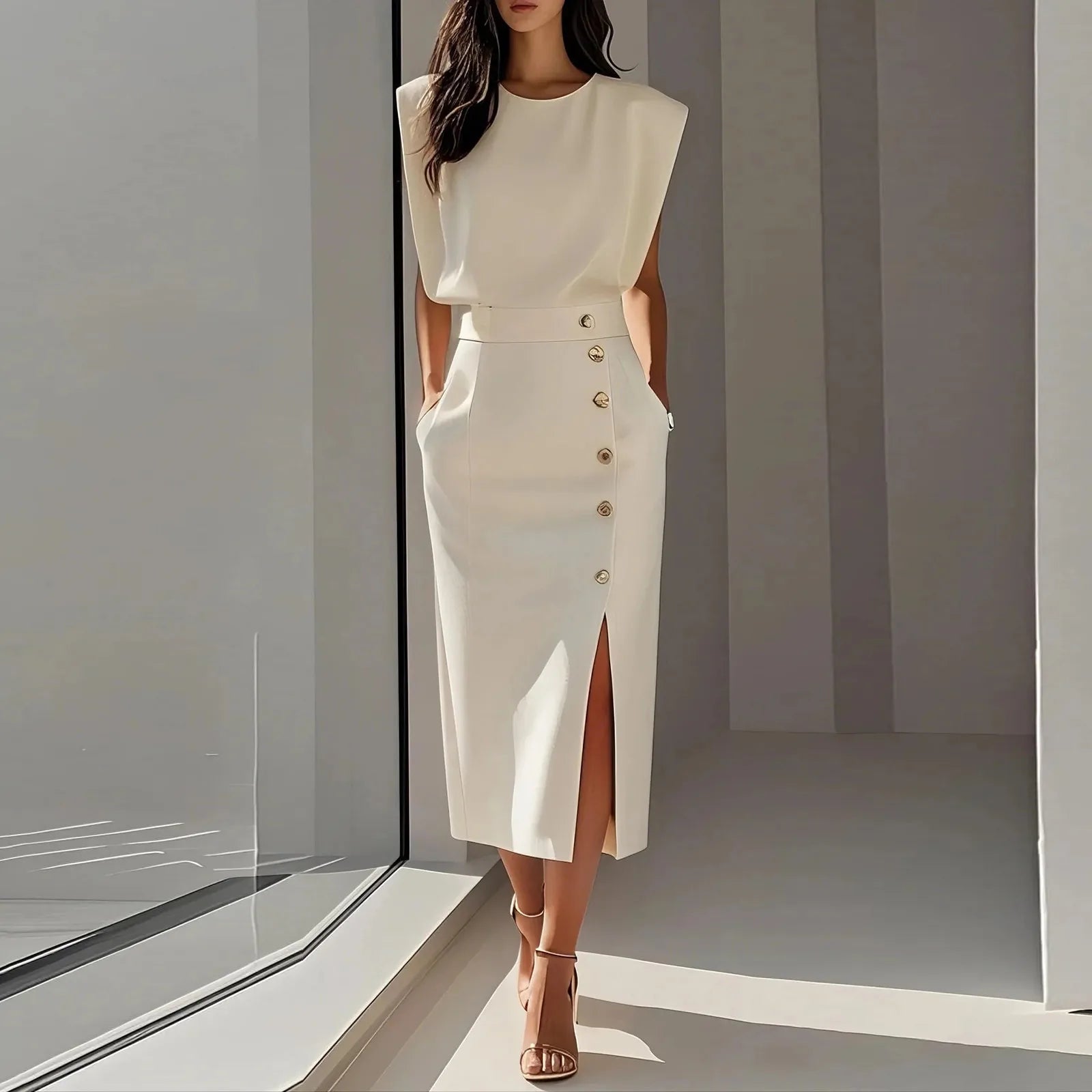 White Formal Autumn Dress for Women - Elegant Office & Evening French Style