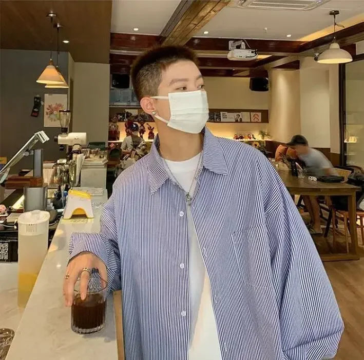 Casual Oxford Cloth Long Sleeve Shirt Men's Spring Summer New Style Hong Kong Style Japanese Stripe Thin Casual Workwear Jacket