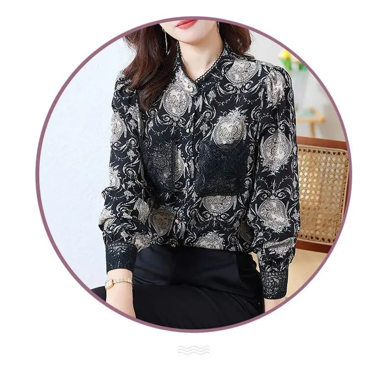 Women's Printed Satin Shirt - Slim Fit Long Sleeve Blouse for Spring & Autumn, Office Wear
