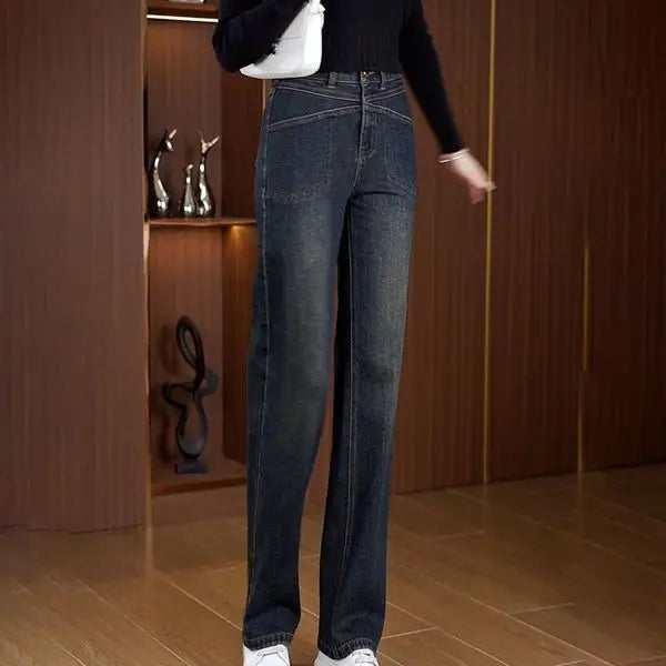 Women's Narrow Straight Leg Jeans  Fall Winter New Plush Lined Thick Korean Retro Relaxed Casual Trousers High Waist Flattering