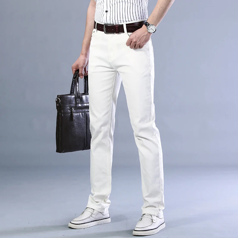 White Jeans Mens Fashion Straight Elastic Cotton Denim Pants Spring Autumn Business Casual Trousers