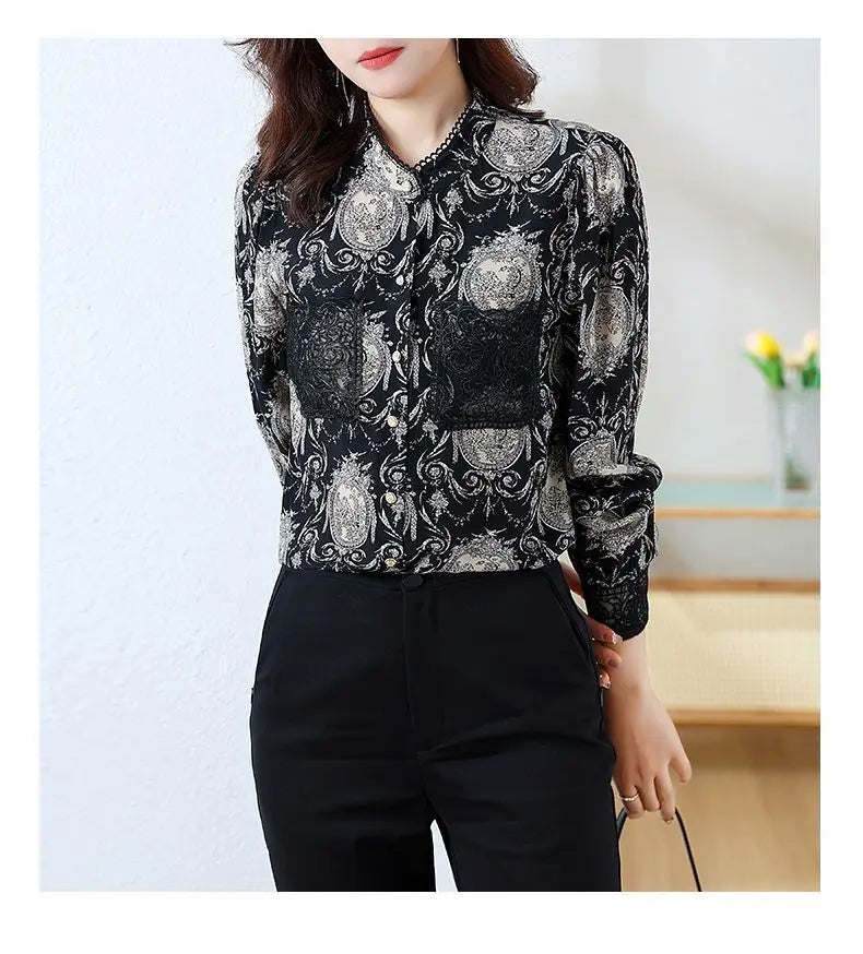 Women's Printed Satin Shirt - Slim Fit Long Sleeve Blouse for Spring & Autumn, Office Wear