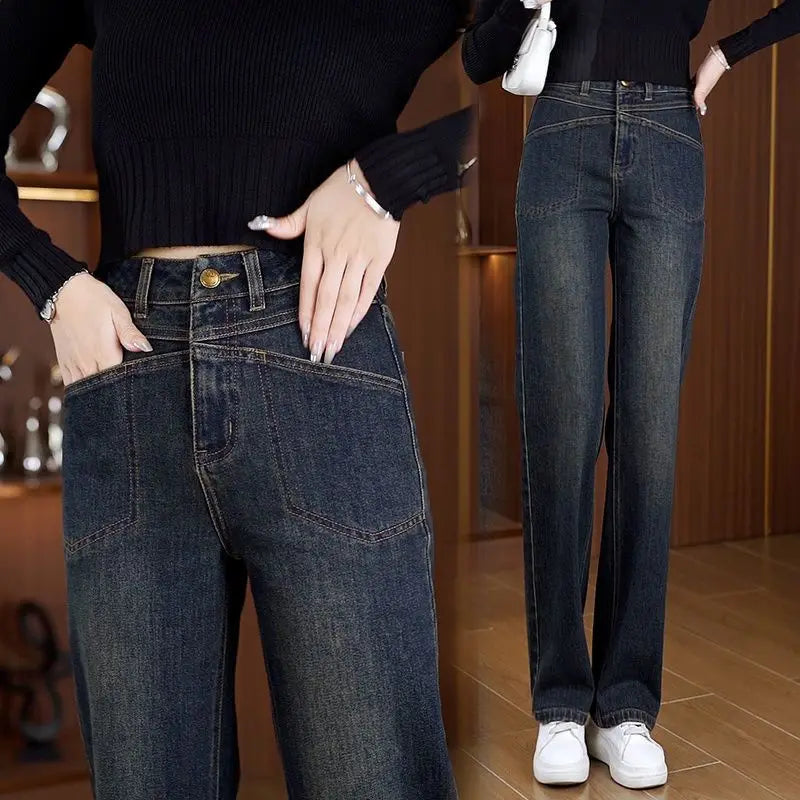 Women's Narrow Straight Leg Jeans  Fall Winter New Plush Lined Thick Korean Retro Relaxed Casual Trousers High Waist Flattering