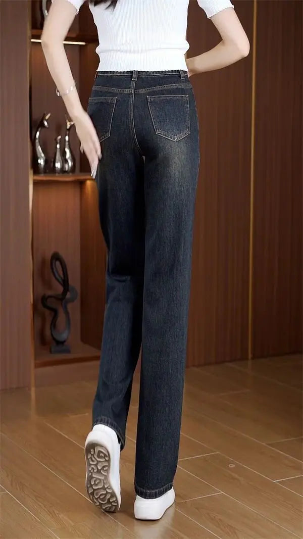 Women's Narrow Straight Leg Jeans  Fall Winter New Plush Lined Thick Korean Retro Relaxed Casual Trousers High Waist Flattering