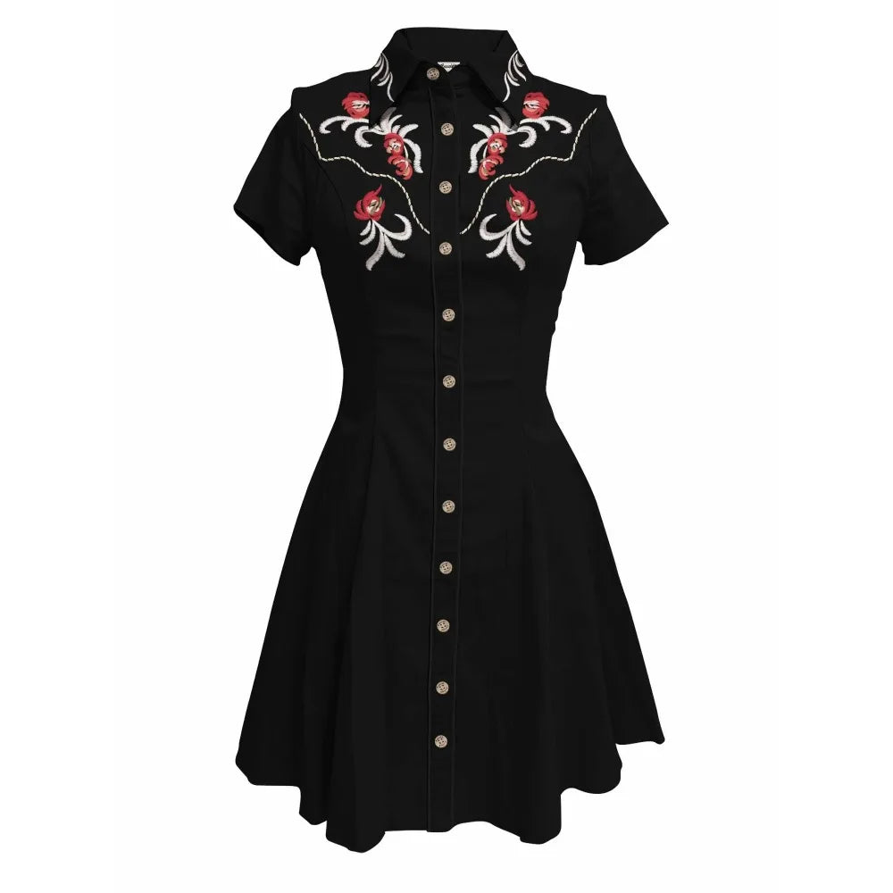 Western Vintage Flower Printed Western Cowboy Dress Women Button-down Dress Short Sleeves 100% Cotton Dress Summer Streetwear