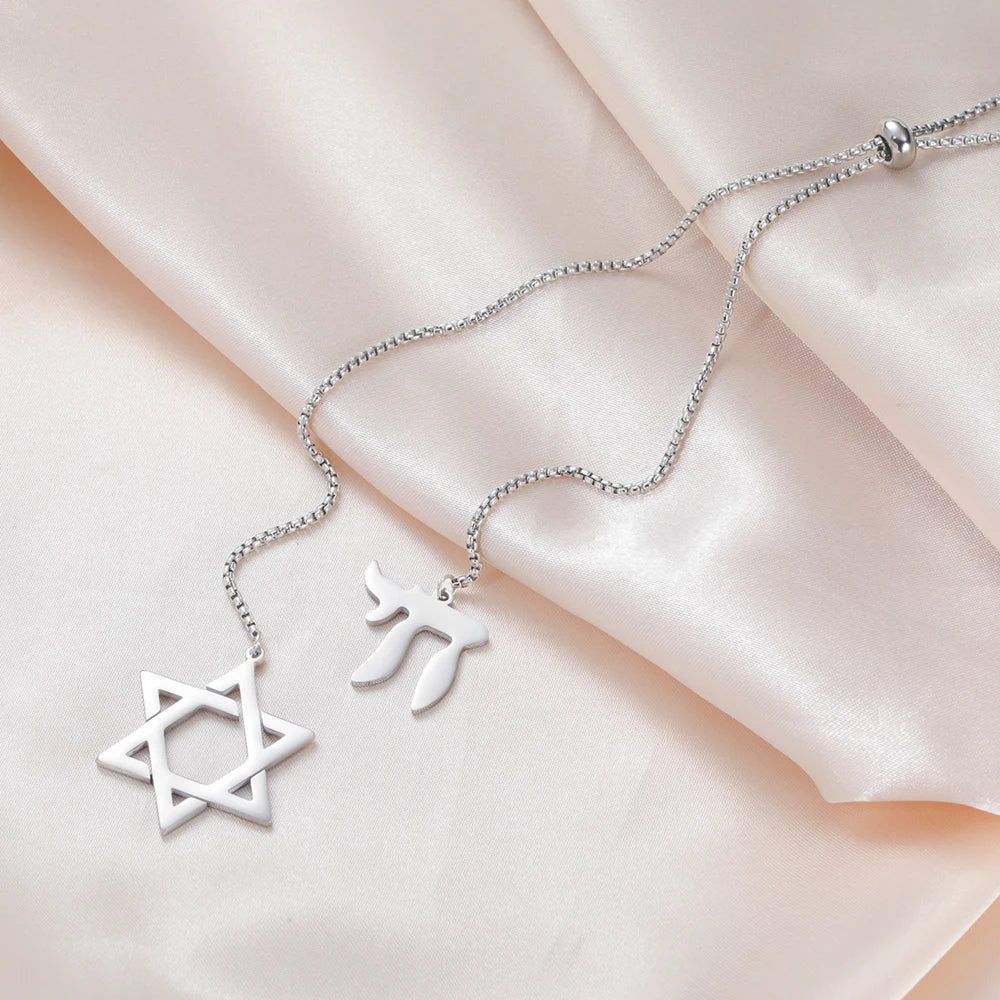 Dawapara Star of David and Jewish Hebrew Chai Pendant Long Necklace Sweater Chain Hexagram Judaism Stainless Steel Jewelry