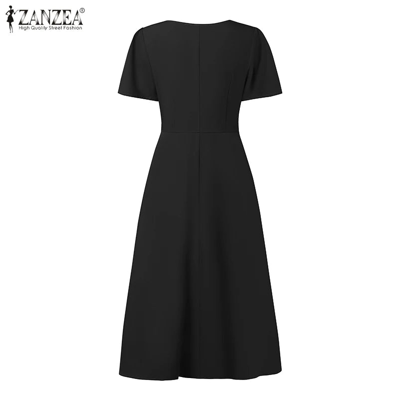 Elegant V Neck Office Work Dresses ZANZEA Women 2025 Summer Dress Solid Pleated Sundress Short Sleeve A Line Party Vestidos Robe