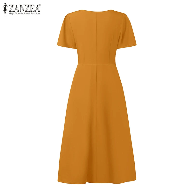 Elegant V Neck Office Work Dresses ZANZEA Women 2025 Summer Dress Solid Pleated Sundress Short Sleeve A Line Party Vestidos Robe