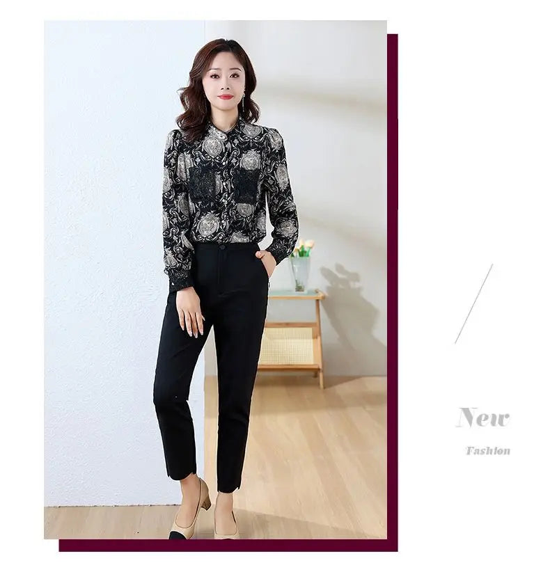 Women's Printed Satin Shirt - Slim Fit Long Sleeve Blouse for Spring & Autumn, Office Wear