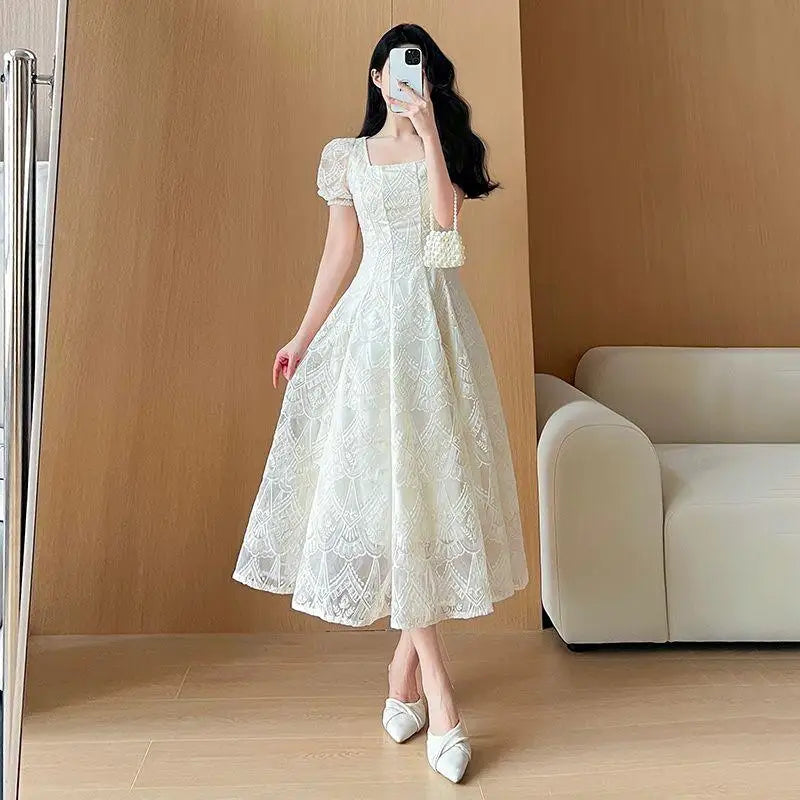 Women's Plus Size A-Line Summer Dress - Lace Hollow Out, Square Neck, Waist Cinched