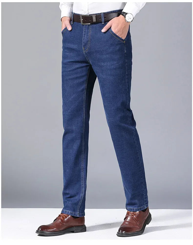 Men's Classic Straight Leg Stretch Jeans - Casual Work Denim Trousers in Blue & Black
