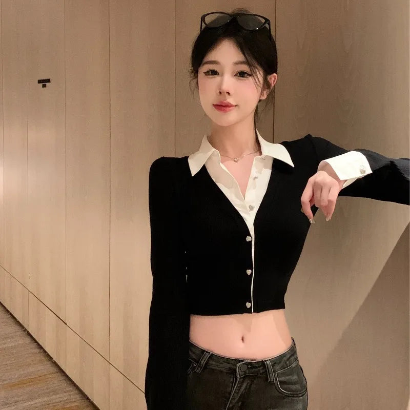 T-shirts Women Minimalist Sexy Aesthetic Delicate Panelled Patchwork All-match Female Clothing Fake Two Pieces Knitted Advanced